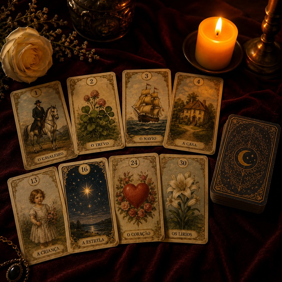Cartas abertas sobre veludo, à luz de velas